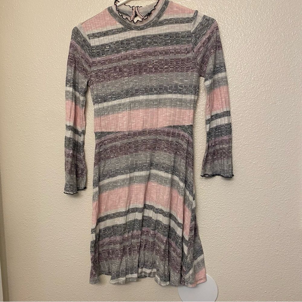 Cat & Jack fall cozy stretch knit stripe ribbed bell sleeve dress mock 10-12